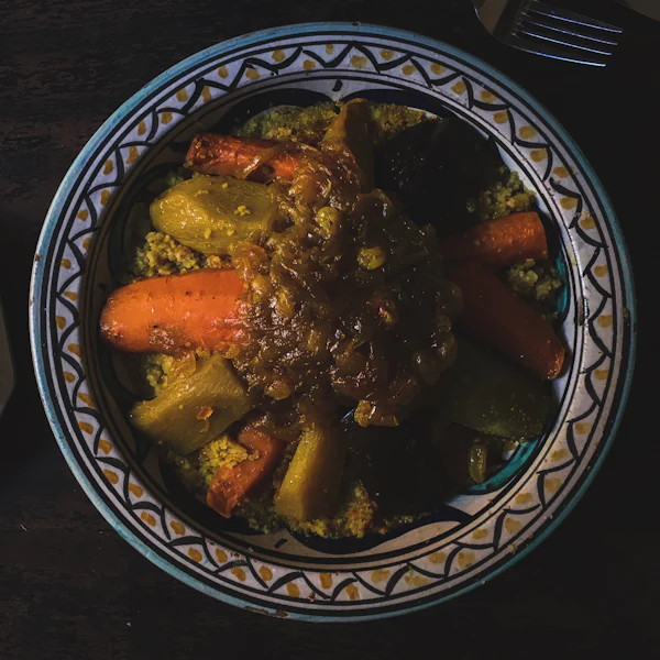 A vegetable tagine in a patterned bowl